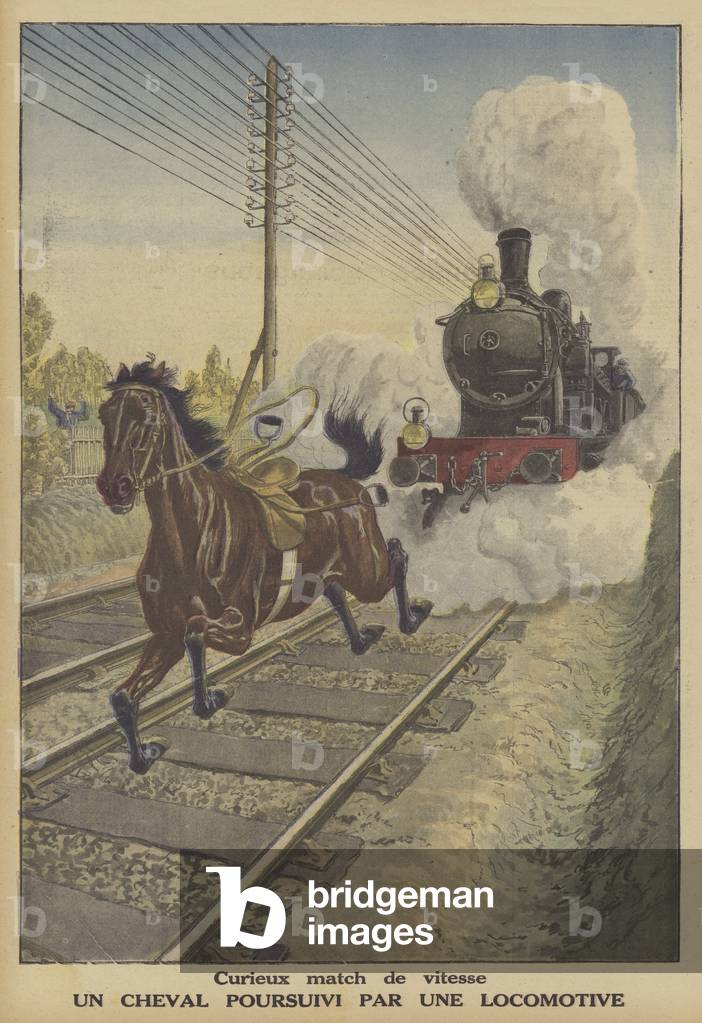 A horse being chased by a train (colour litho)