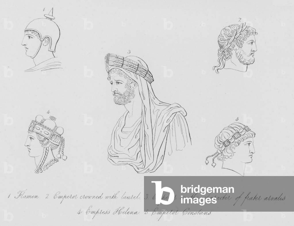 Flamen, Emperor crowned with laurel, Emperor in the character of Frater Arvalis, Empress Helena, Emperor Constans (engraving)