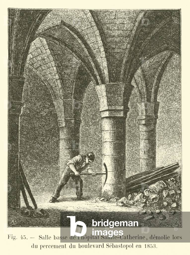 Salle basse de l'hopital Sainte-Catherine, demolie lors du percement du boulevard Sebastopol en 1853 (engraving)