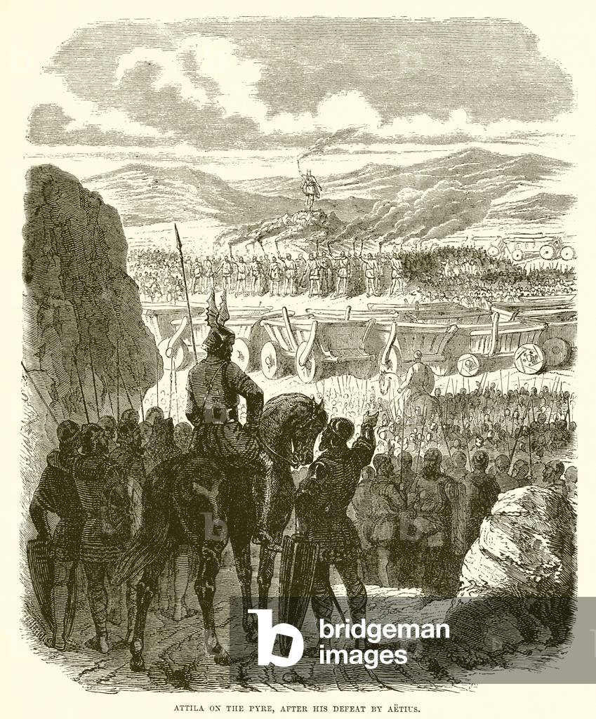 Attila on the pyre, after his defeat by Aetius (engraving)