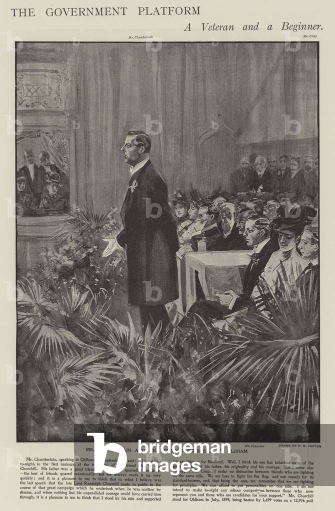 Joseph Chamberlain speaking on behalf of Conservative candidates Winston Churchill and Charles Crisp at Oldham, Lancashire, during the 1900 General Election campaign (litho)