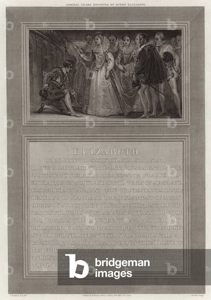 Admiral Drake knighted by Queen Elizabeth (engraving)