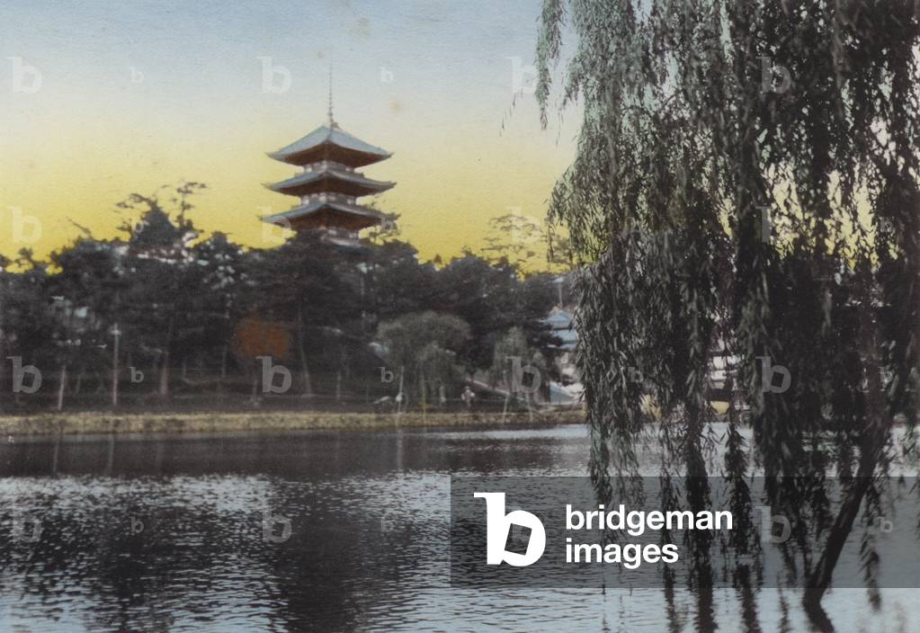 Japan, c.1912: View of the Pagoda at Nara from Sarusawa Pond (photo)