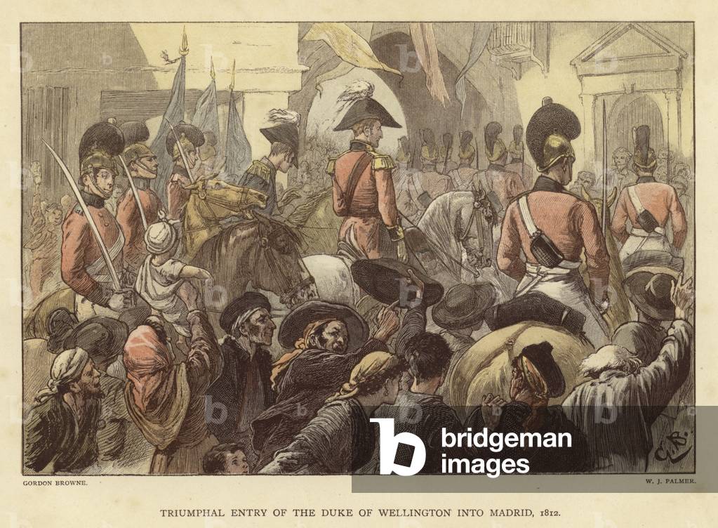 Triumphal entry of the Duke of Wellington into Madrid, 1812 (coloured engraving)