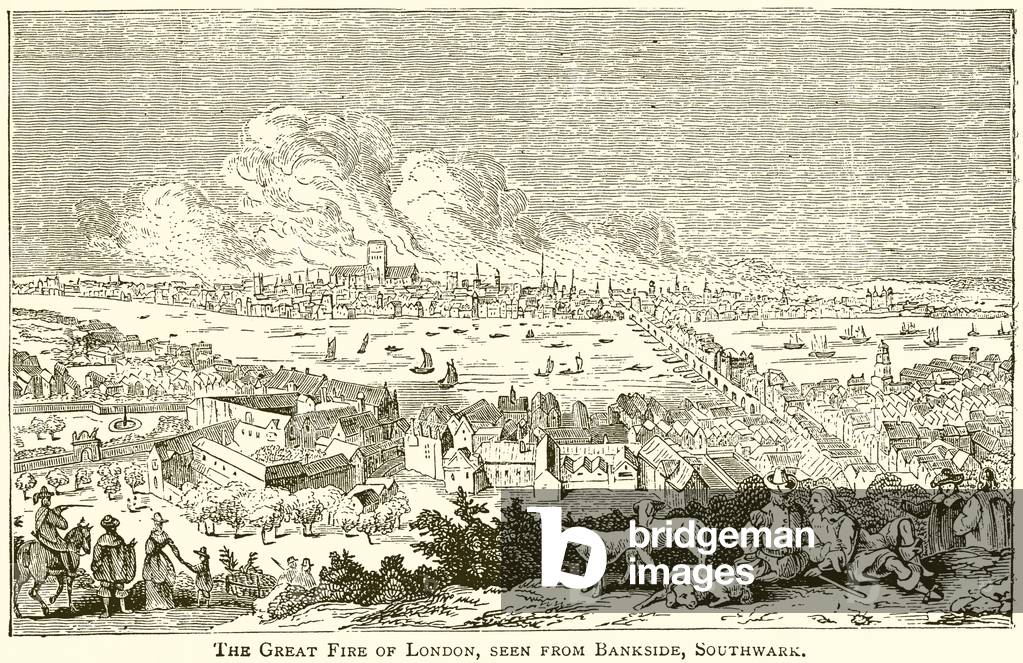 The Great Fire of London, seen from Bankside, Southwark (engraving)