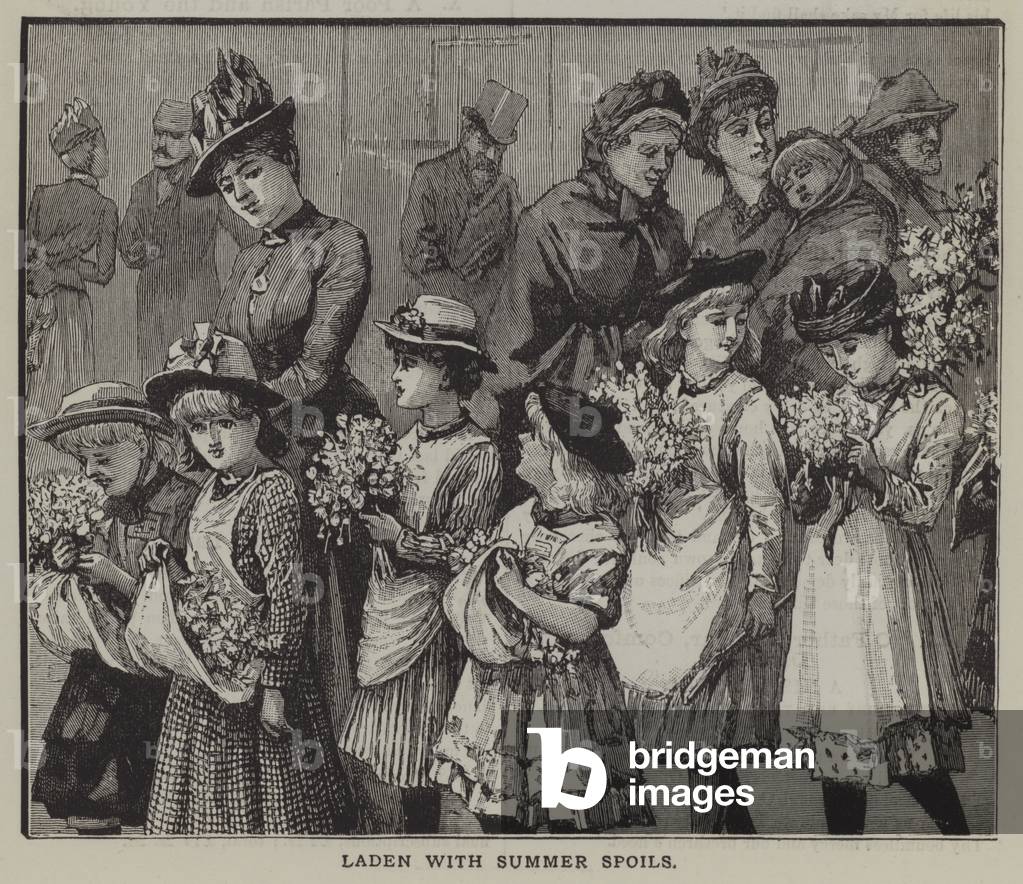 Laden with summer spoils: a group of city children after a summer trip to the countryside (engraving)