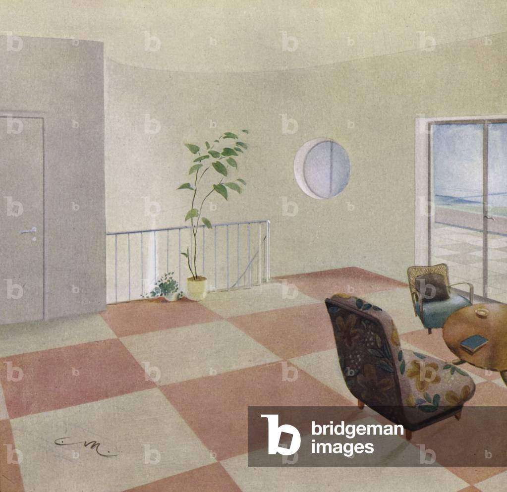 1930s interiors: Upper landing (colour litho)