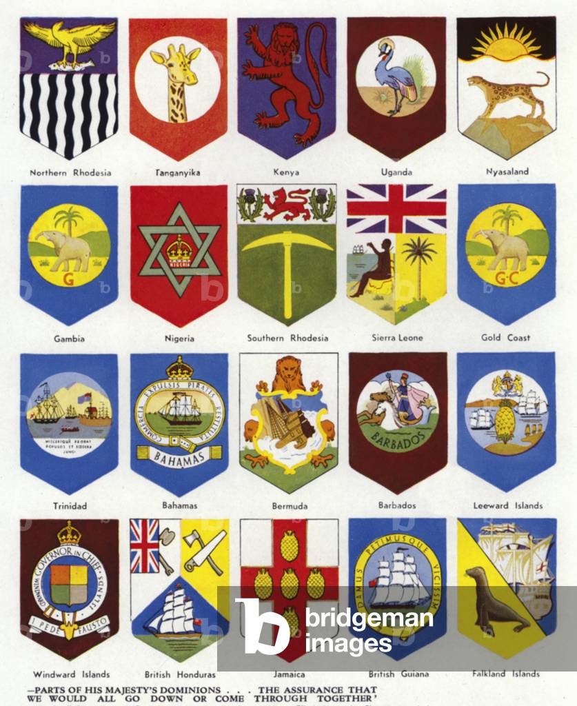 Badges of colonies and dominions that fought with Britain in the Second World War (colour litho)