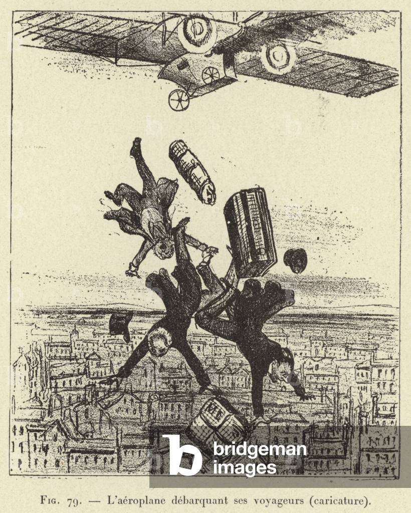 L'aeroplane debarquant ses voyageurs (caricature) (engraving)