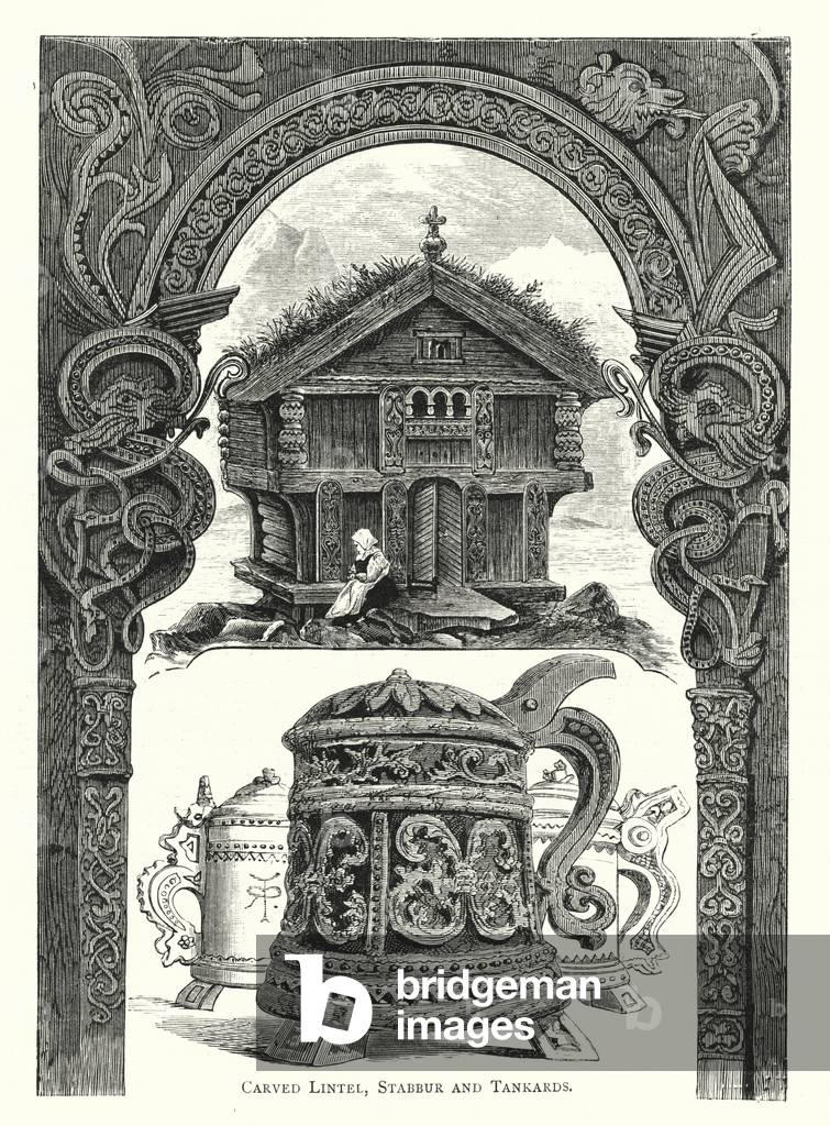 Carved Lintel, Stabbur and Tankards (engraving)