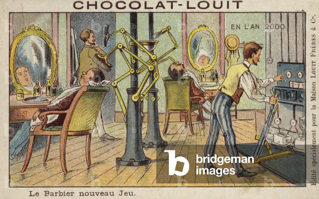Automated barber's shop in the year 2000 (chromolitho)