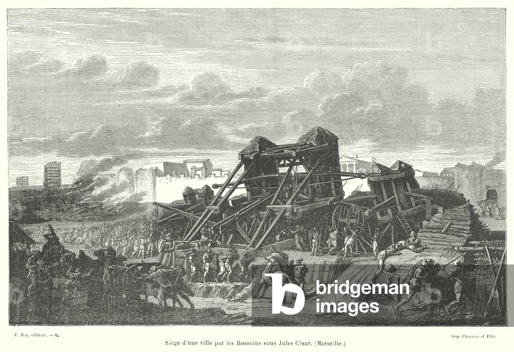 Siege of Massilia (Marseille) by the Romans under Julius Caesar, 49 BC (engraving)