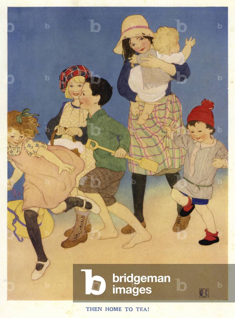 Children heading home for tea after a day out playing (colour litho)
