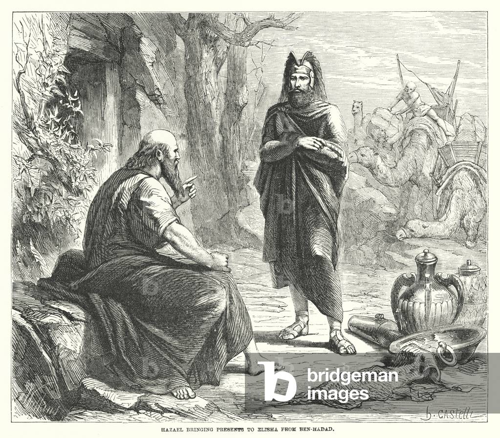 Hazael bringing Presents to Elisha from Ben-Hadad (engraving)