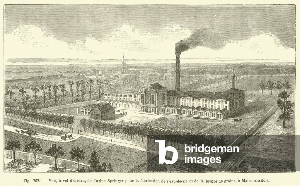 Vue, a vol d'oiseau, de l'usine Springer pour la fabrication de l'eau-de-vie et de la levure  (engraving)