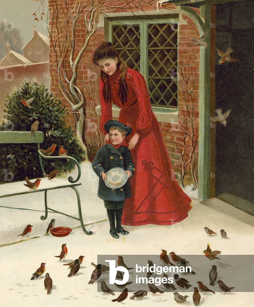 Feeding birds (chromolitho)