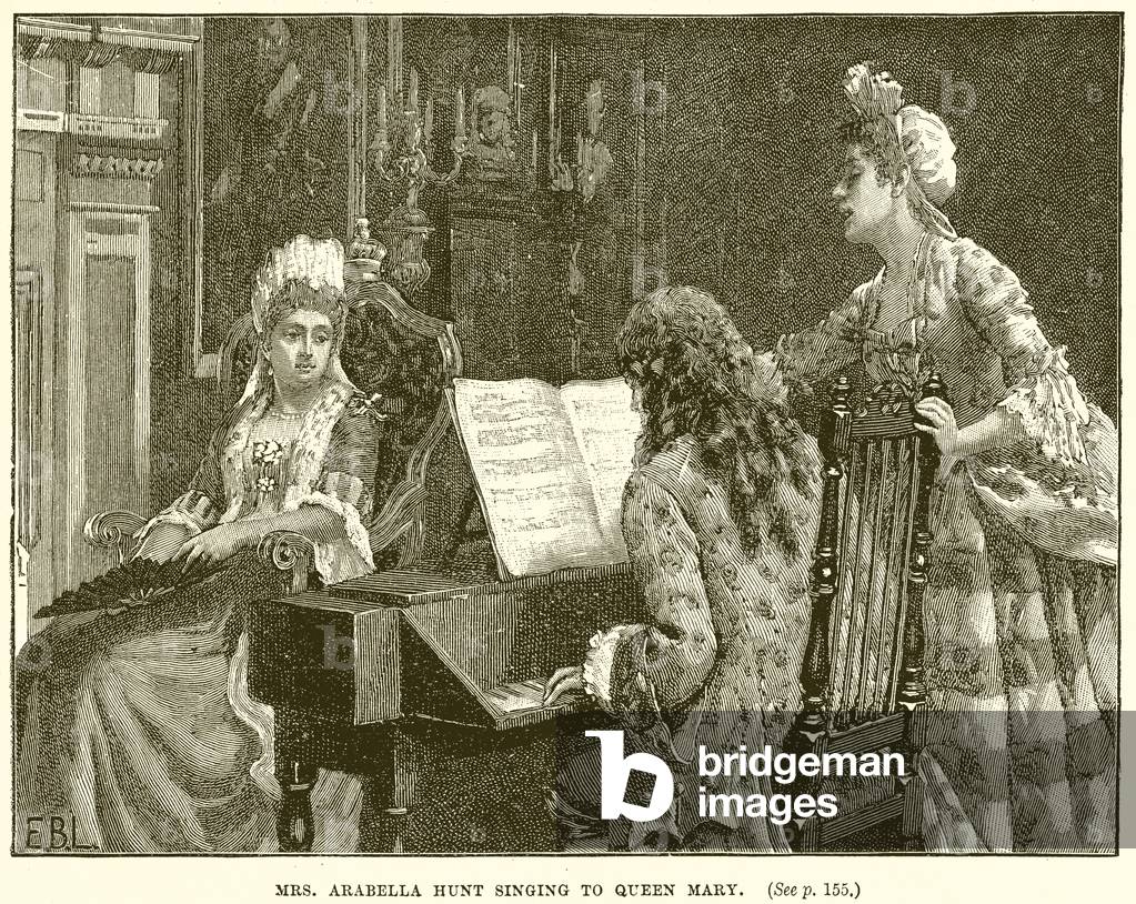 Mrs. Arabella Hunt singing to Queen Mary (engraving)