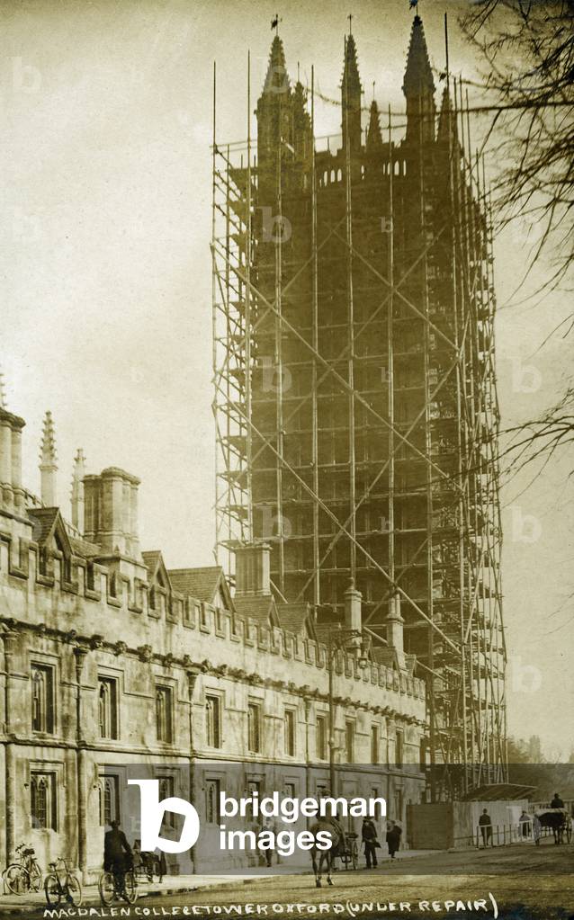 Magdalen College Tower under repair, Oxford (b/w photo)
