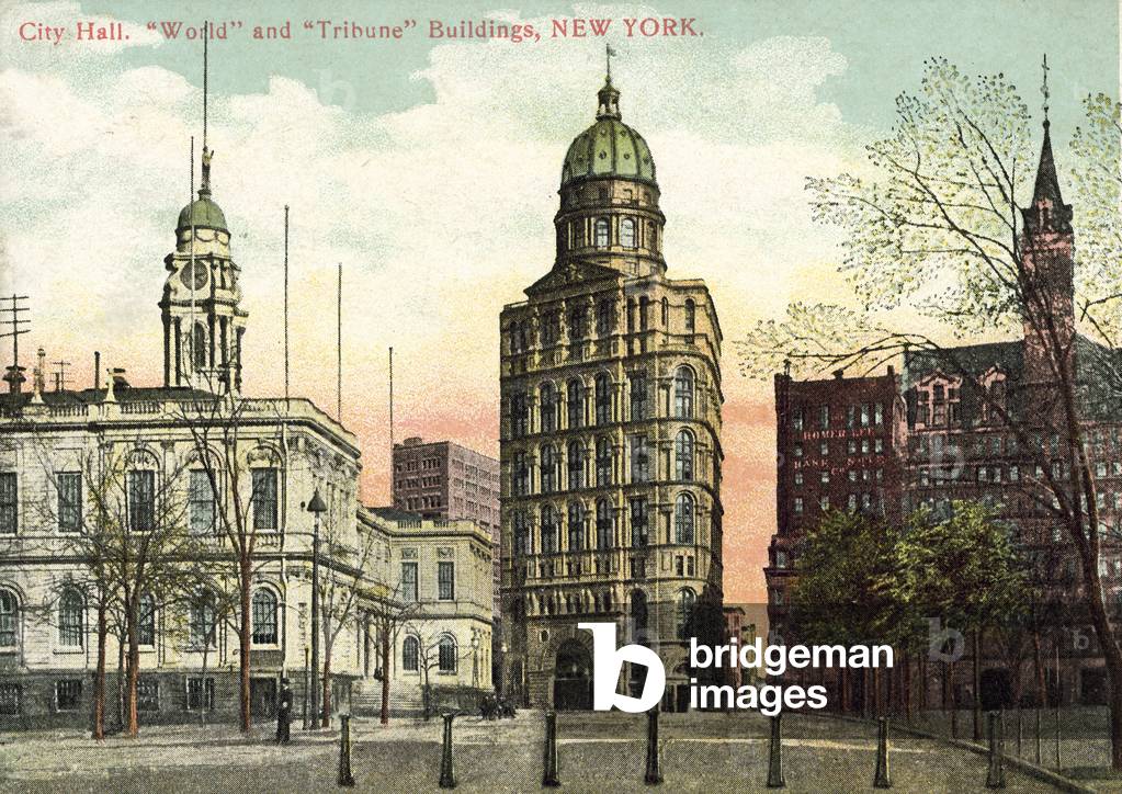City Hall, Tribune and World buildings, New York City (colour photo)