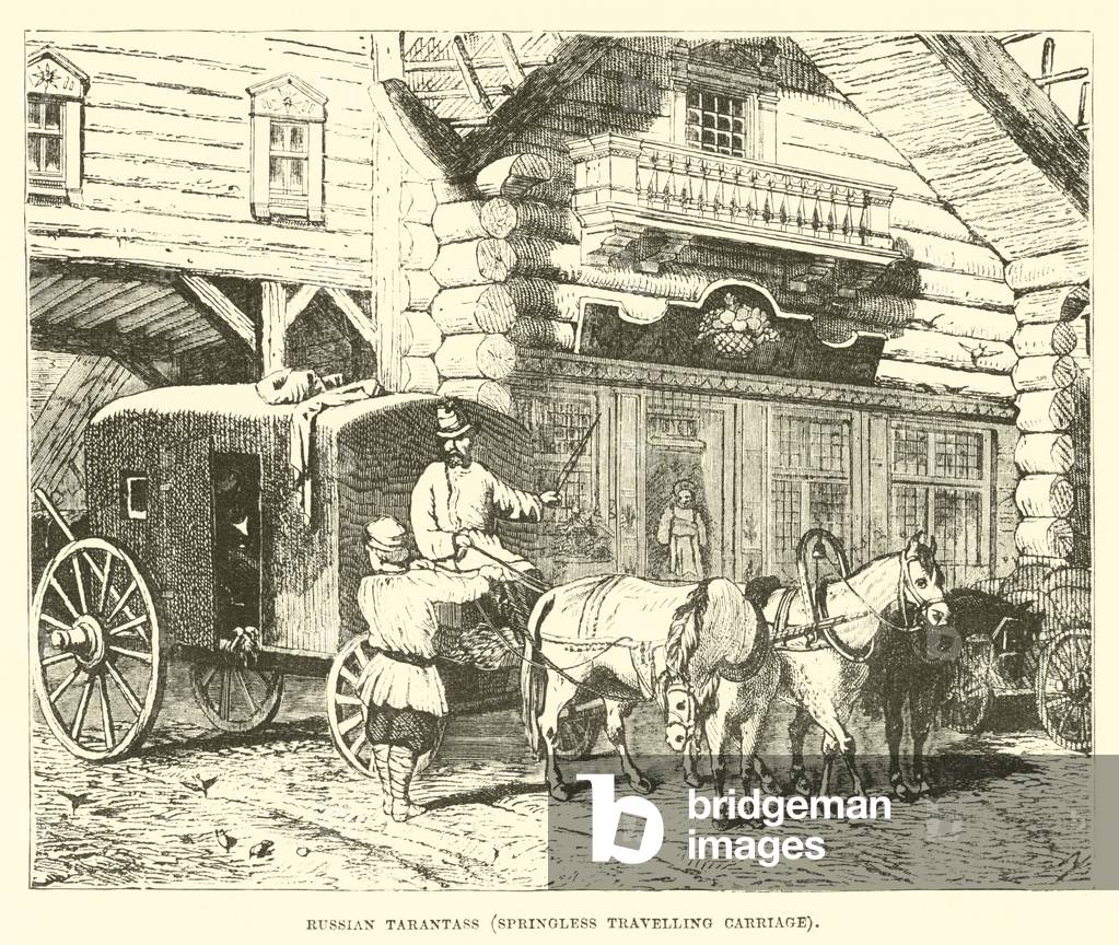 Russian Tarantass, springless travelling carriage (engraving)