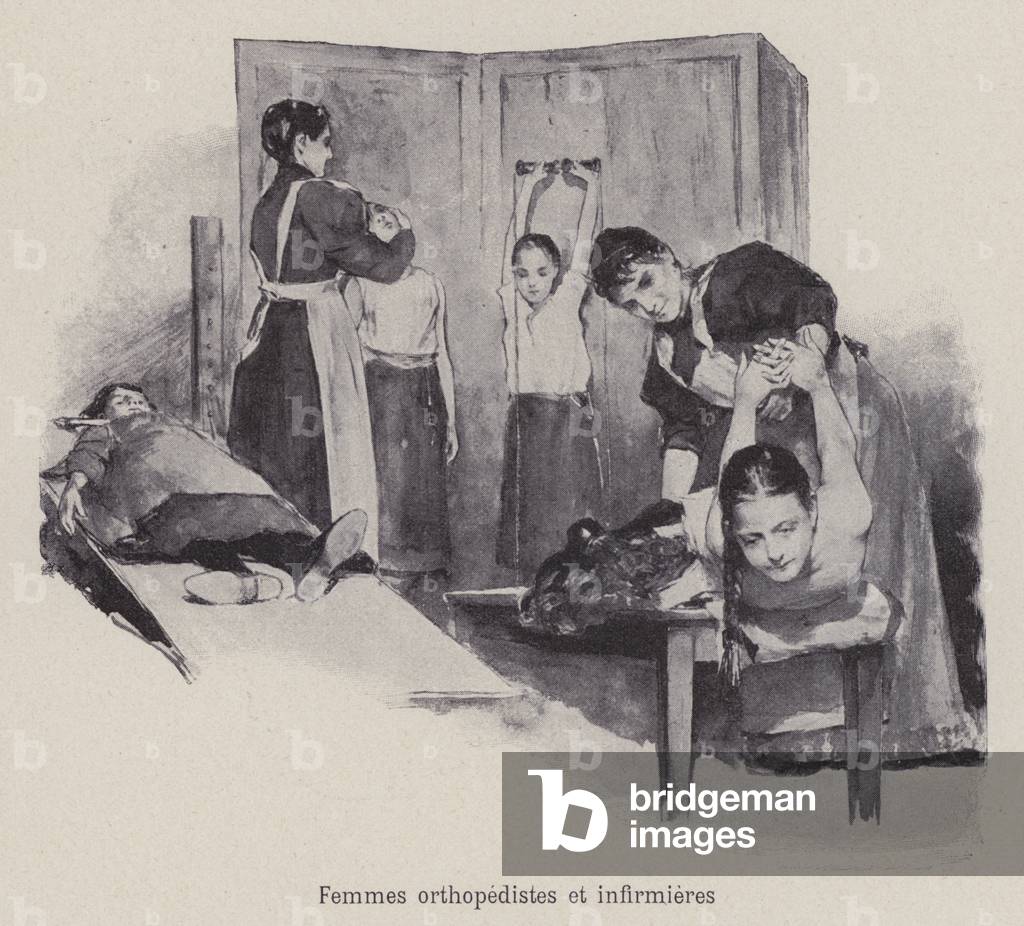 Women orthopaedists and nurses working with children (litho)