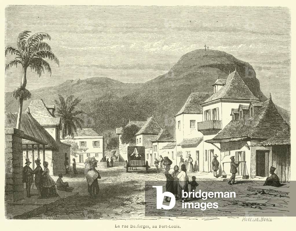 La rue Desforges, au Port-Louis (engraving)