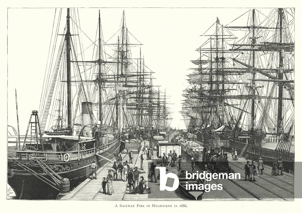 Australia: A Railway Pier in Melbourne in 1886 (engraving)