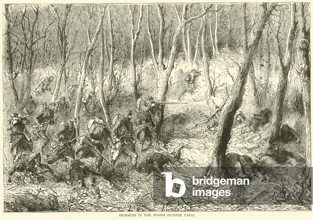 Skirmish in the woods outside Paris, October 1870 (engraving)