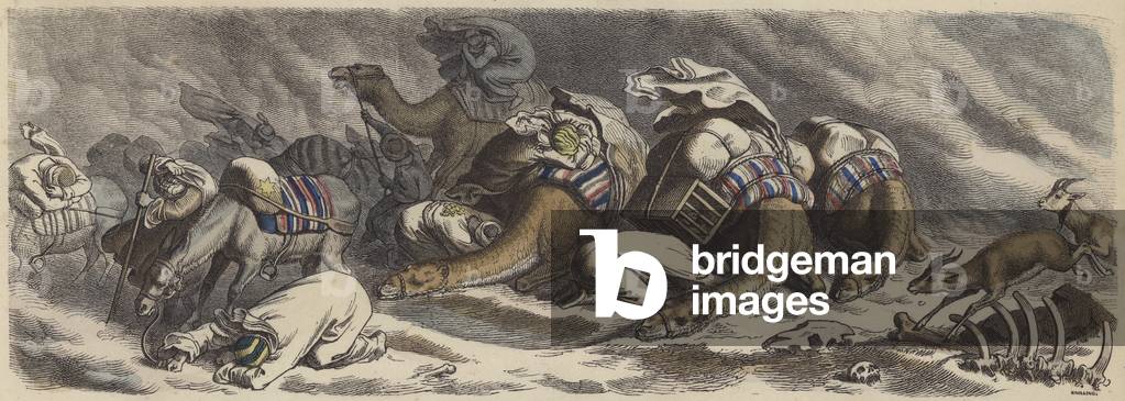 A caravan caught in a sandstorm in the Sahara (coloured engraving)