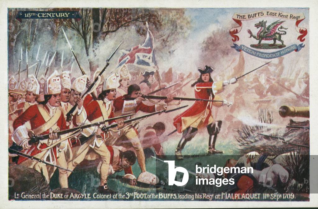 John Campbell, 2nd Duke of Argyll, commanding the 3rd Regiment of Foot (the Buffs) at the Battle of Malplaquet, War of the Spanish Succession, 1709 (colour litho)