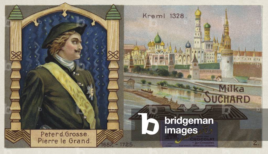 Tsar Peter the Great of Russia, and the Kremlin, Moscow (chromolitho)
