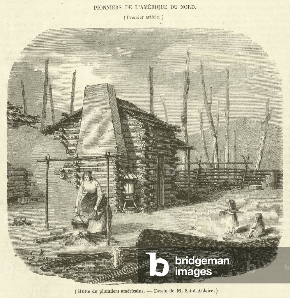 Hutte de pionniers americains (engraving)