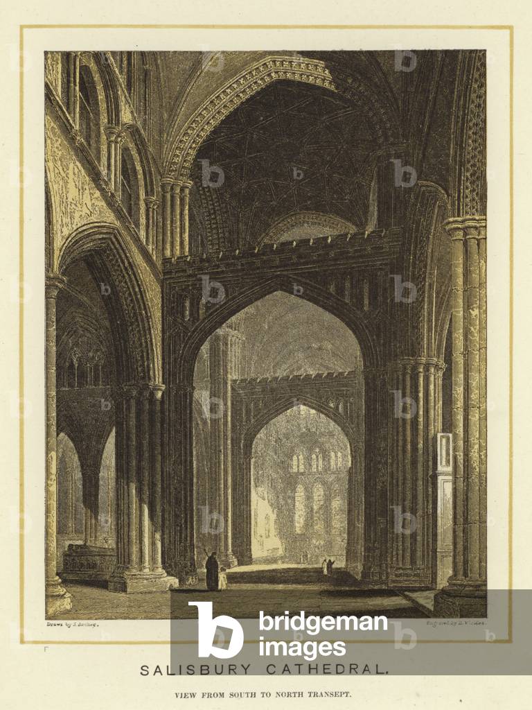 Salisbury Cathedral, view from south to north transept (colour litho)