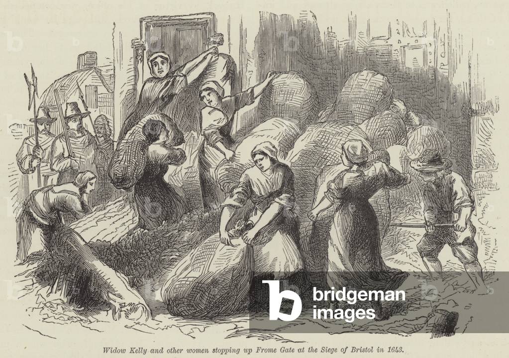 Widow Kelly and other women stopping up Frome Gate at the Siege of Bristol in 1643 (engraving)