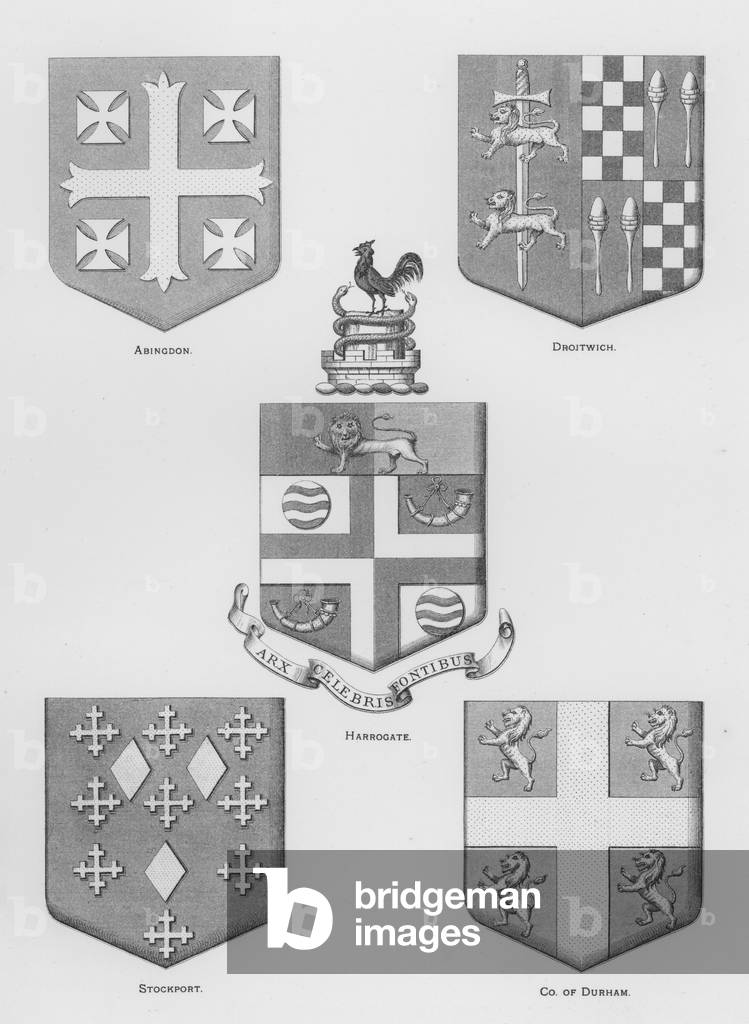 Public arms: Abingdon; Droitwich; Harrogate; Stockport; County of Durham (engraving)