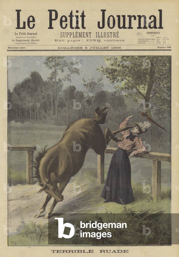 A woman kicked by a horse (colour litho)