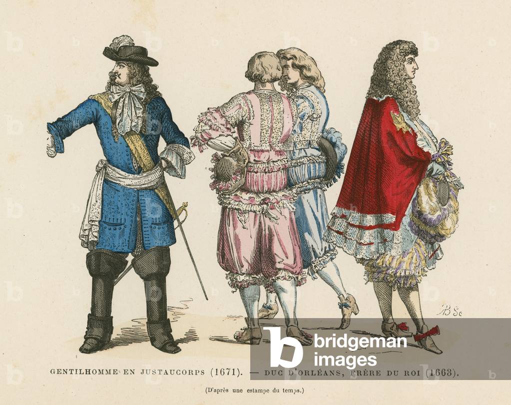 French men's costumes, 17th Century (coloured engraving)