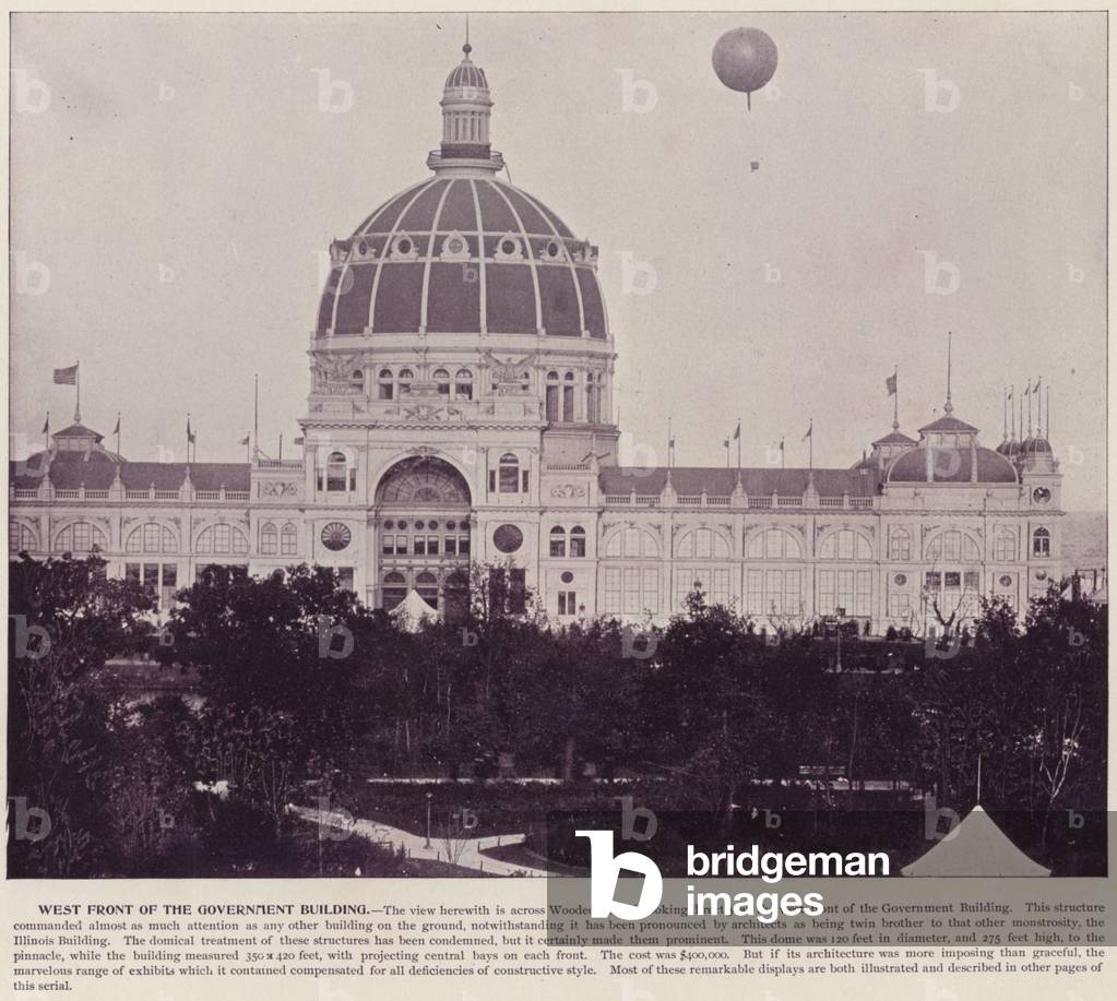 Chicago World's Fair, 1893: West Front of the Government Building (b/w photo)