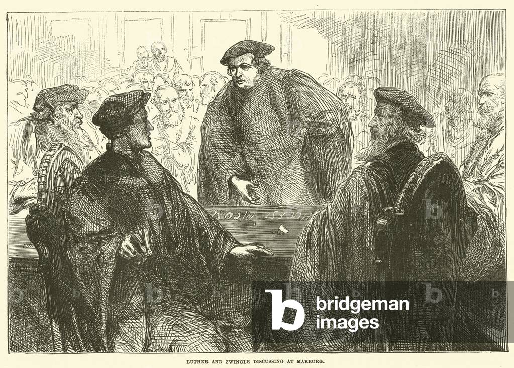 Luther and Zwingle discussing at Marburg (engraving)