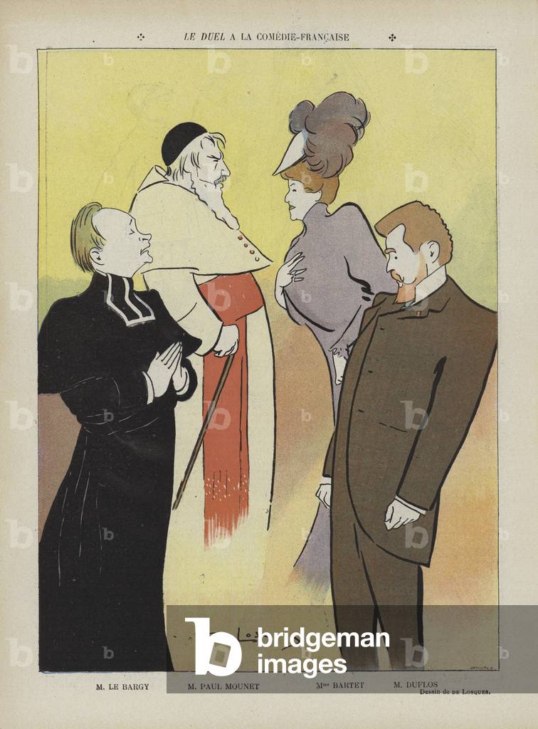 Production of the play Le Duel at the Comedie-Francaise. Illustration for Le Rire (colour litho)