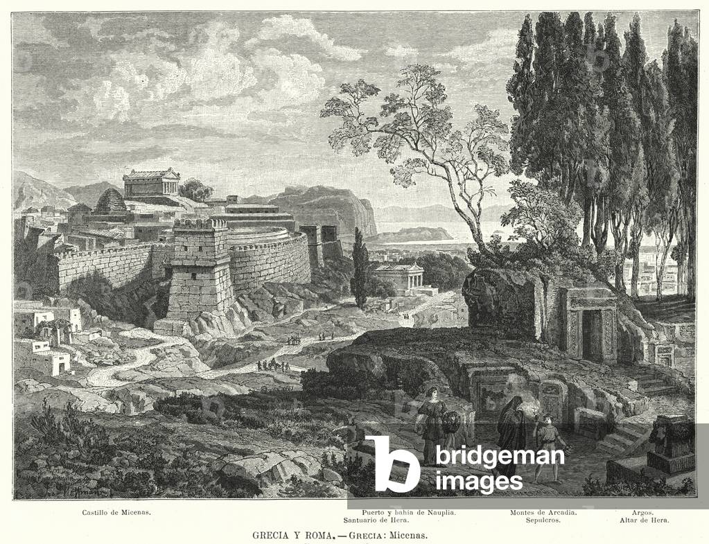 Ancient Greek city of Mycenae (litho)