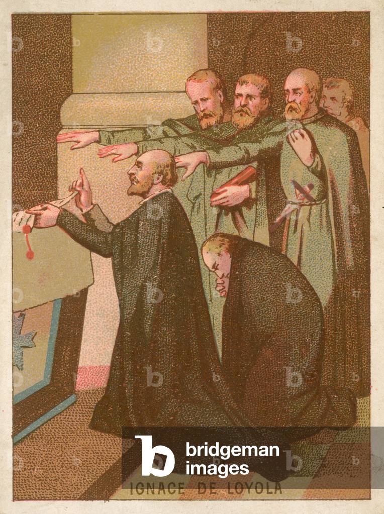 Jesuit priest Saint Ignatius of Loyola kneeling at an altar (chromolitho)