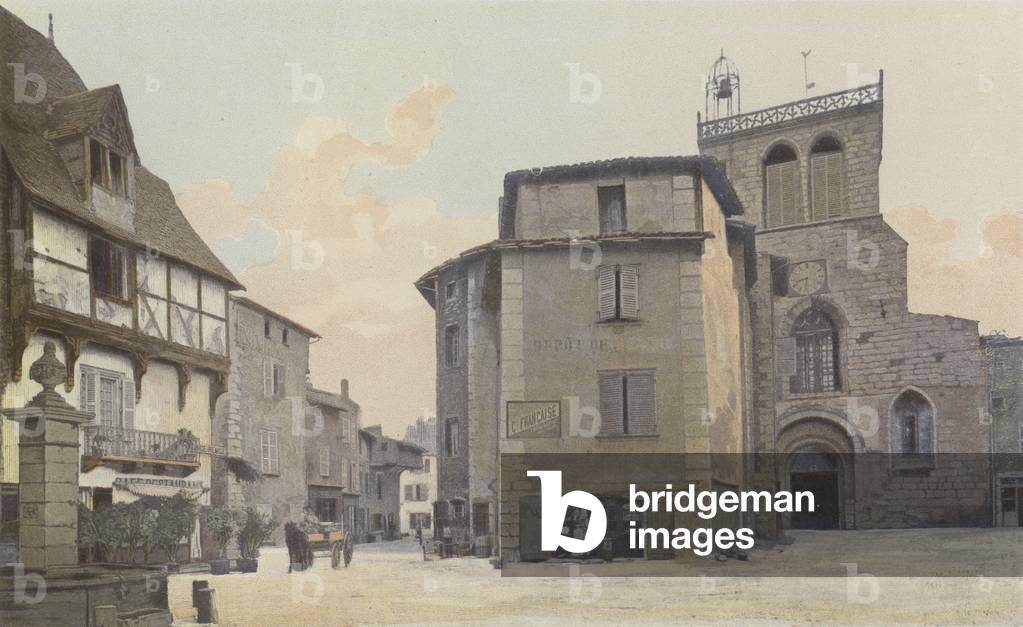 Courpiere, Eglise, facade O, et Place (colour photo)