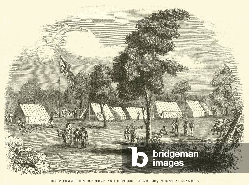 Chief Commissioner's tent and officers' quarters, Mount Alexander (engraving)