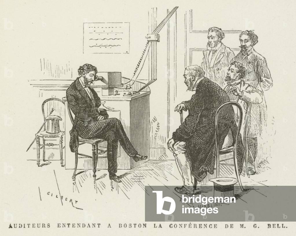 Auditeurs Entendant a Boston la Conference de M G Bell (engraving)