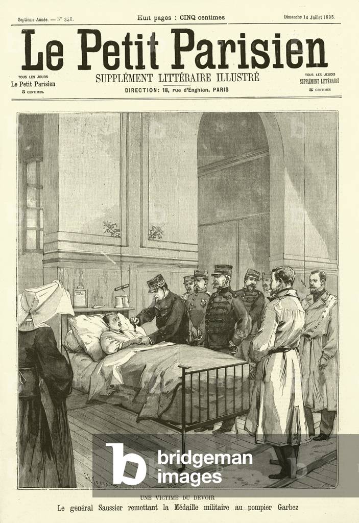 General Saussier awarding the French Military Medal to a fireman named Garbez, injured in the line of duty (engraving)