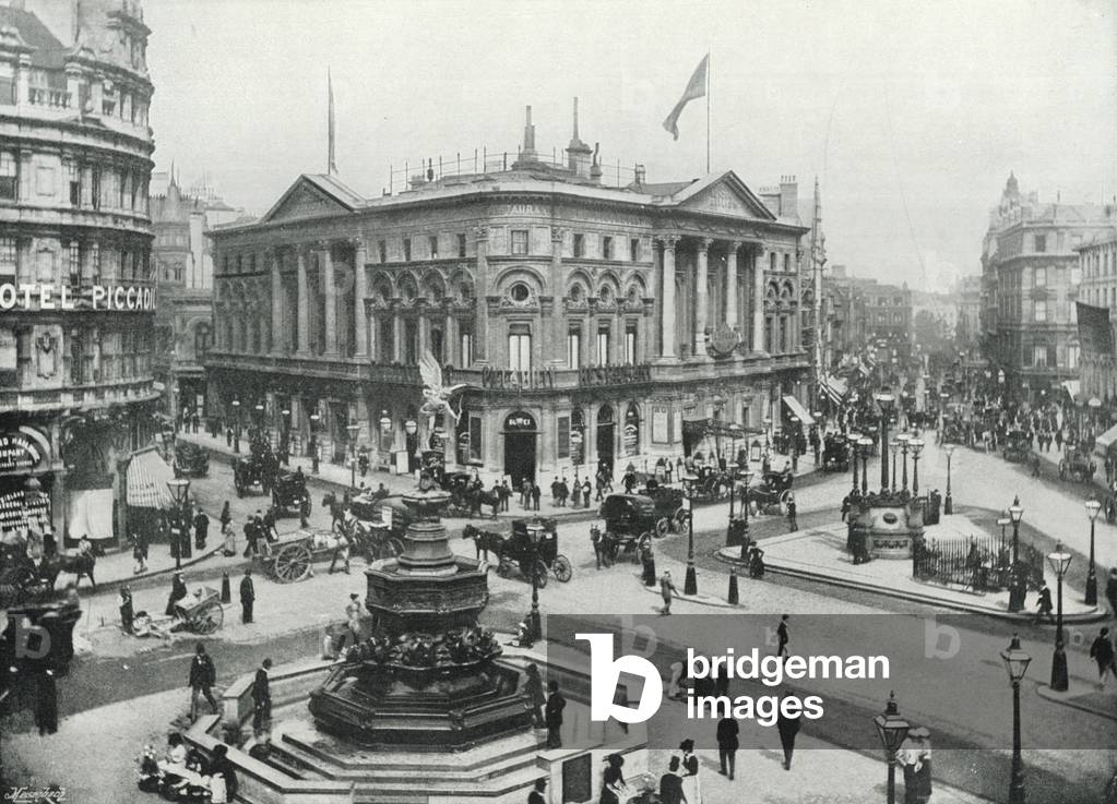 Piccadilly Circus, showing the Shaftesbury Memorial Fountain and the London Pavilion (b/w photo)