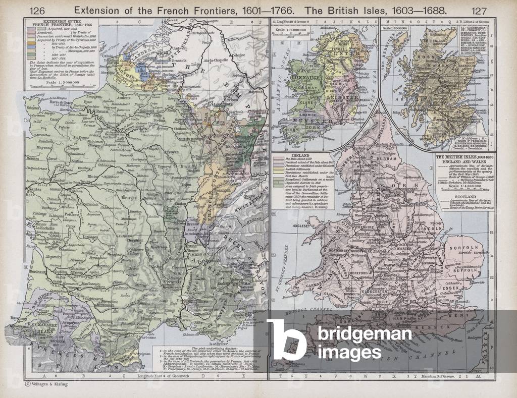 Extension of the French Frontiers, 1601-1766; The British Isles, 1603-1688 (colour litho)