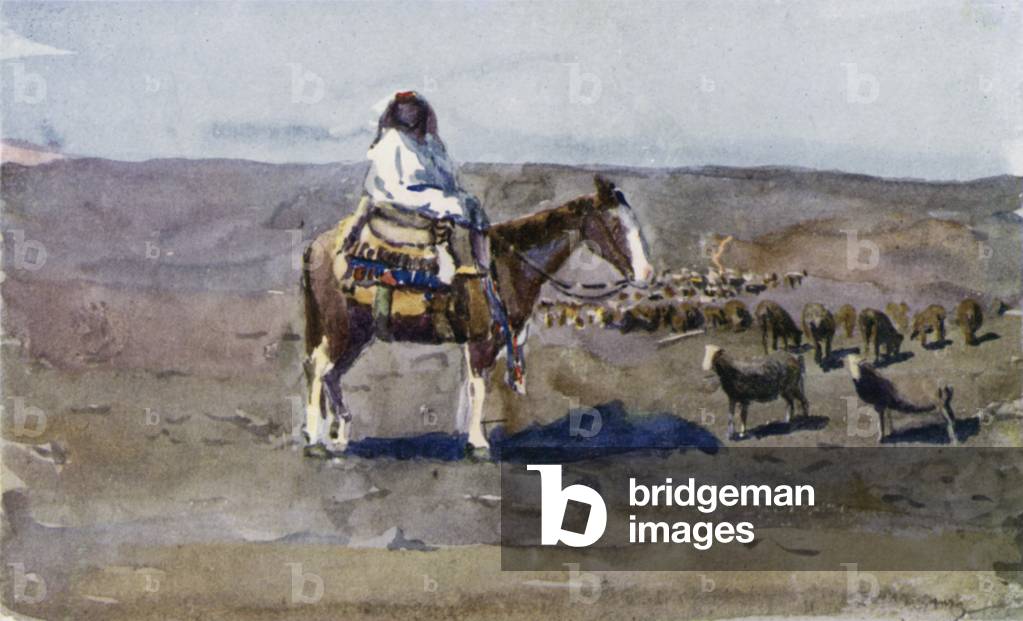 A typical South Argentine Gaucho girl seated on her caballo (colour litho)