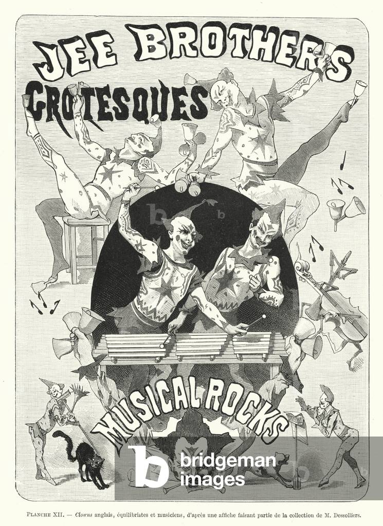 Clowns anglais, equilibristes et musiciens, d'apres une affiche faisant partie de la collection de M Dessolliers (engraving)